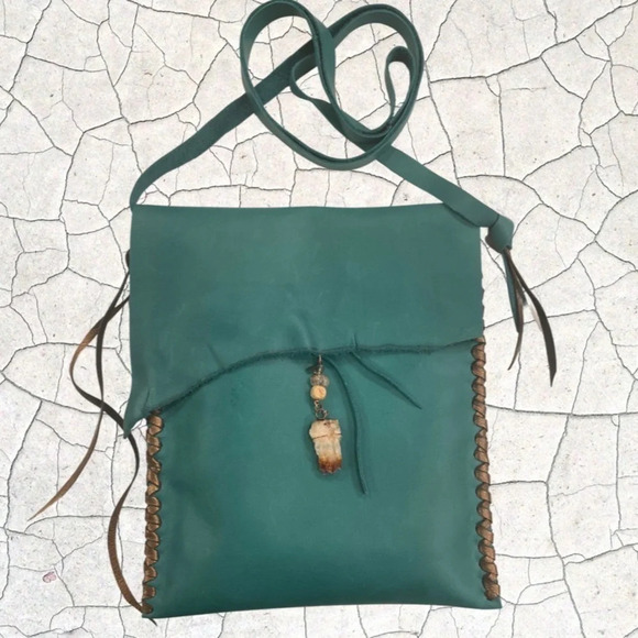 Teal Leather Crossbody Handbag w/Citrine Crystal, NWT, Handmade by me - Picture 2 of 6